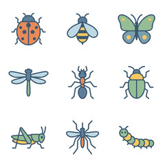 Obraz premium Comprehensive collection of minimalist insect line icons featuring butterflies, beetles, bees, spiders, and ants, designed in a modern outline style for branding and UI design.