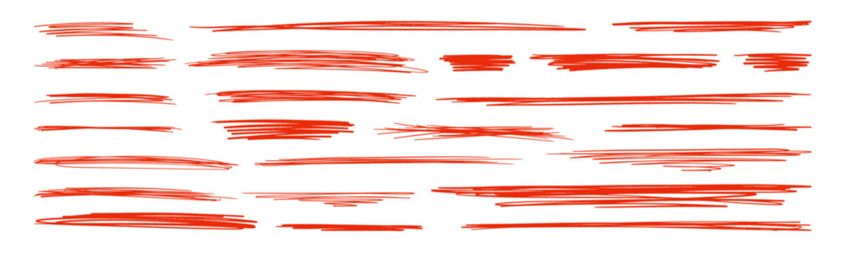 Vector set of textured paint stroke, crayon long mark and chalk red scribble with grunge effect. Hand drawn collection ideal for adding artistic emphasis to creative school or office design