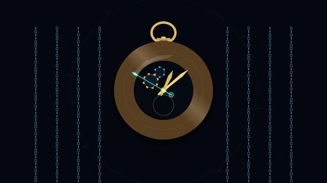 Animated vintage pocket watch ticking motion graphic with digital glitch effects and blue energy lines