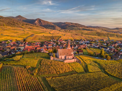 FRANCE. HAUT-RHIN 68 ALSACE WINE ROUTE. AERIAL VIEW OF THE VILLAGE OF HUNAWIHR, SAINT JACQUES CHURCH IN THE HEART OF THE VINEYARDS