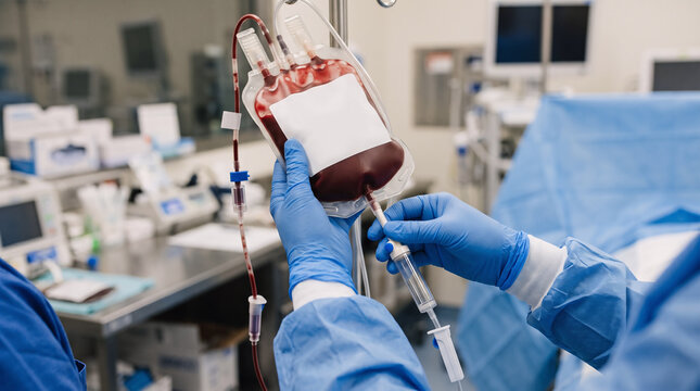 premium transfusion medicine photo, close-up of gloved healthcare professional hands carefully inspecting and preparing a generic red blood cell transfusion bag before administration