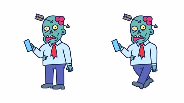 Businessman zombie holds smartphone and walks. Transparent background