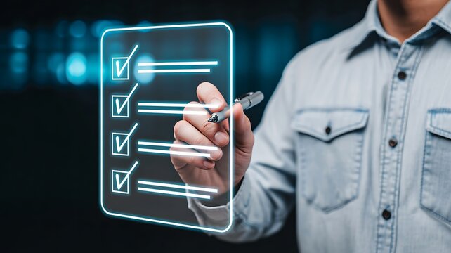 Business professional using digital checklist with completed tasks and checkmarks