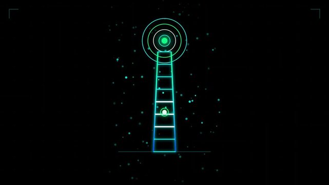 Futuristic Neon Antenna Tower Transmitting Signal Waves HUD Motion Graphic