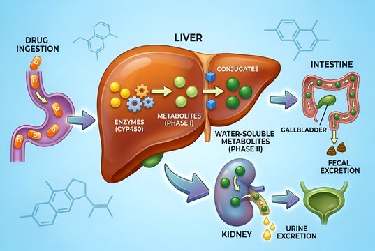 Medical illustration explaining drug metabolism process in the human liver, kidneys and intestines