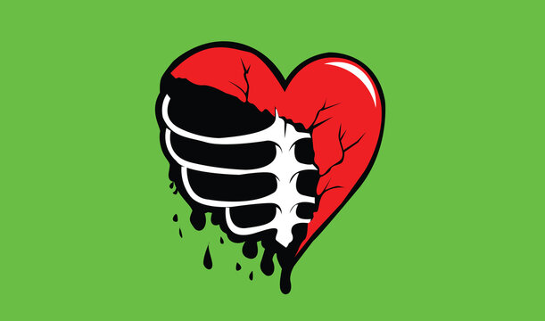 Stylized illustration of a broken red heart revealing a skeletal rib cage with dark drips, symbolizing deep emotional pain and vulnerability and inner struggle