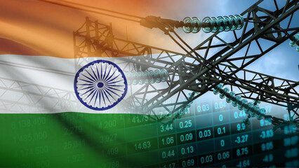 India's power utility business growth and electrical grid infrastructure investment, featuring high-voltage electrical lines and transmission towers over financial data spreadsheets © le