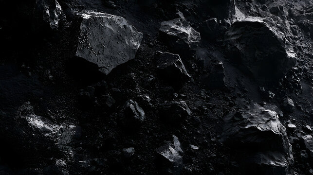 Dark black coal mineral rock background texture, geological surface with shiny pieces of hard carbon energy fuel close up view for industrial abstract design concepts and modern commercial graphic bac
