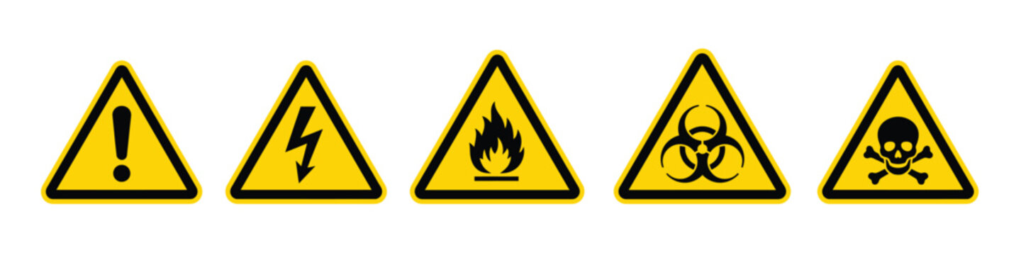 Hazard Warning Triangle Icon Set. Industrial safety symbols for electrical danger, toxic substances, fire hazards, biohazard risks, and general caution signage.