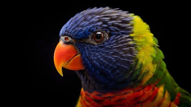 Portrait of a rainbow lorikeet with bright blue, yellow, and green feathers and orange beak on black background