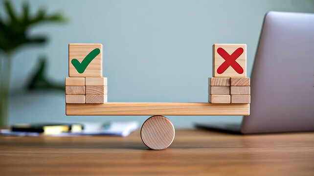 Business decision making concept with wooden balance scale showing checkmark and cross symbols