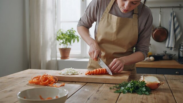 Person wearing a brown apron chopping fresh carrots and onions on a wooden cutting board in a bright kitchen