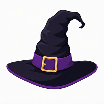 Cute Halloween witch hat vector illustration with purple band and golden buckle isolated on white background.
