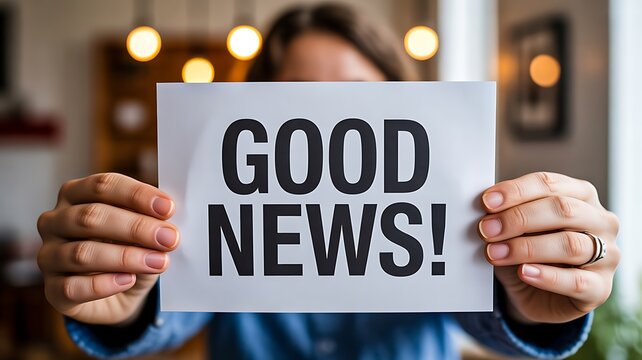 Positive good news announcement with person holding message card in modern office