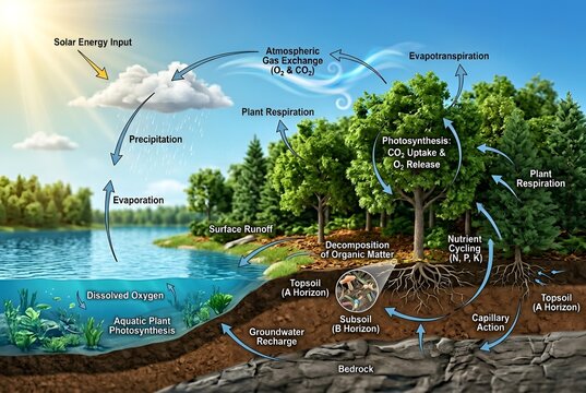 A detailed scientific illustration explaining the natural forest ecosystem and water cycle with ecological processes