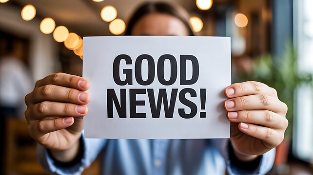Person holding good news sign representing positive announcement, success and business communication