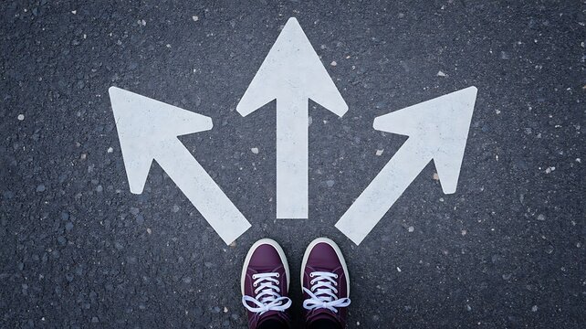 Three arrows pointing in different directions with person choosing a path, decision making and career choice concept