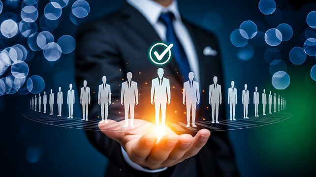 Business professional selecting employee candidate with digital checkmark and workforce icons