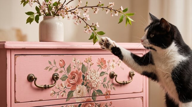 Cat reaching toward floral branches