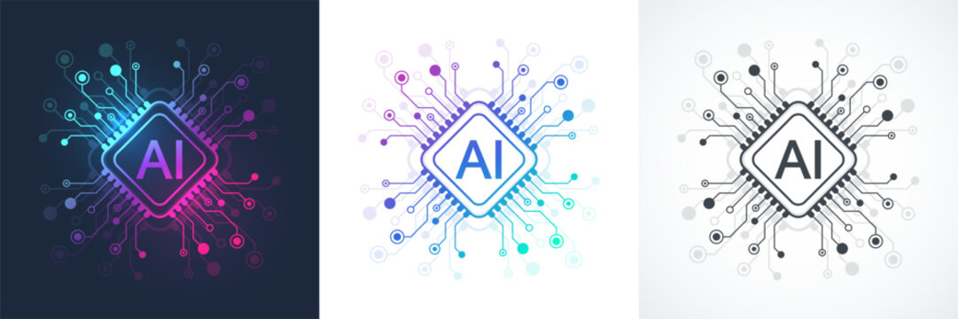 Modern handmade vector icon, sign, logo circuit line style in the Artificial intelligence concept. Set AI processor icon flat design. Motherboard digital chip AI.