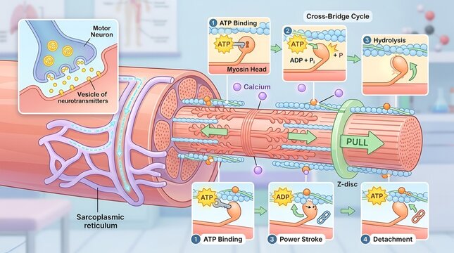 Detailed scientific illustration of muscle contraction mechanism, cross-bridge cycle, and motor neuron function