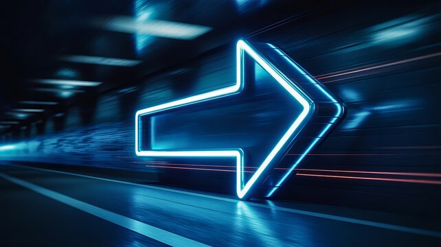 Glowing Neon Direction Arrow Representing Digital Navigation, Progress and Business Growth