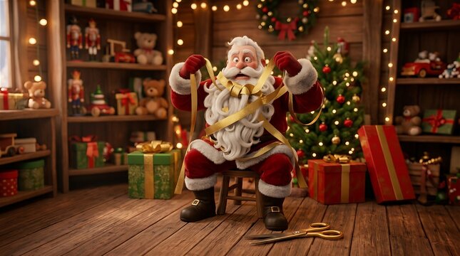 Santa claus gets tangled in golden ribbon while wrapping presents inside his cozy workshop decorated with bright festive christmas lights