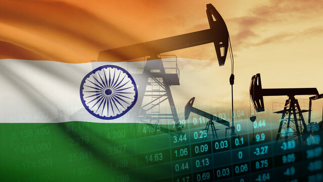 India's petroleum production business growth and onshore oil drilling pump jack infrastructure investment, featuring silhouettes of operating pump jacks units at sunset over financial data spreadsheet