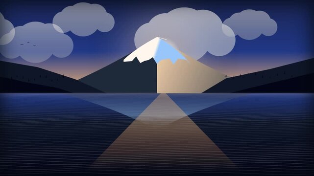 Stylized mountain landscape with reflection in dark water at night