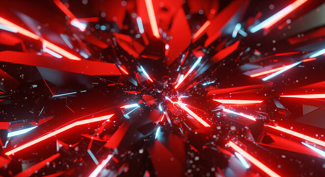 Close-up abstract view of glowing red and blue geometric crystal shards exploding in motion