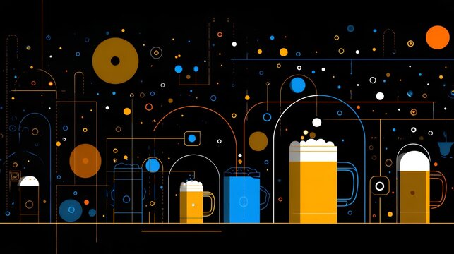 Futuristic Oktoberfest beer mug illustration with geometric lines, abstract tech design overlay, modern brewery festival background