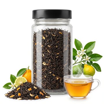 Earl grey black tea blend in glass jar with bergamot fruits and hot cup of tea, bergamot