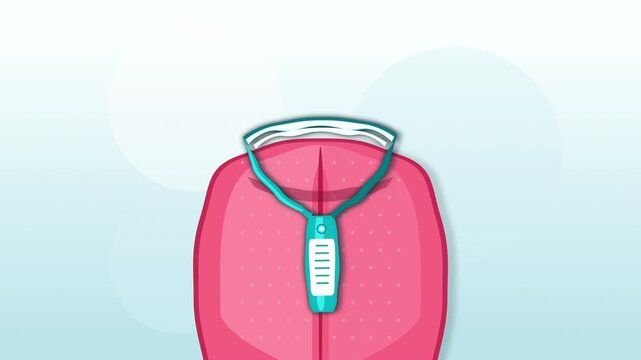 Pink retro pixel art backpack with turquoise zipper and loop, animated motion graphic