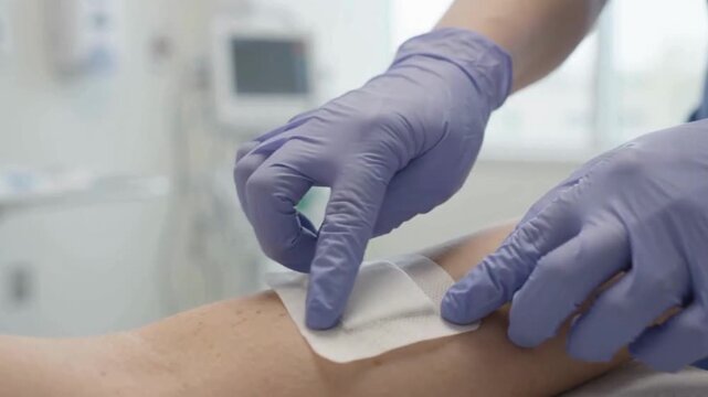 Nurse applying sterile medical bandage on patient arm in clinic