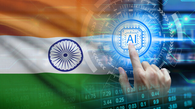 India's artificial intelligence business growth and national digital AI infrastructure investment, featuring a person touching a glowing electronic microchip processor graphic displaying the text "AI"