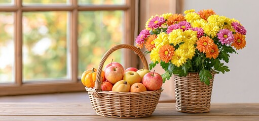 Obraz premium A cozy autumn scene featuring bright chrysanthemums and a rustic basket filled with seasonal fruits for the Double Ninth Festival.