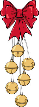 Festive Christmas or New Year decoration with a red bow and round golden bells. For greeting card, print, graphic design element. Simple vector color illustration in hand drawn style isolated on white