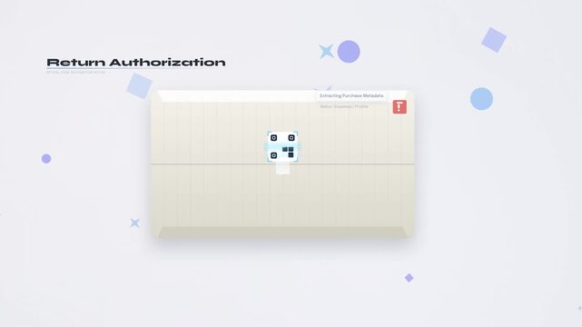 Conceptual animation of a smart AI return authorization process featuring neural policy assessment, logistics provisioning with carrier waybill generation, and financial escrow ledger release