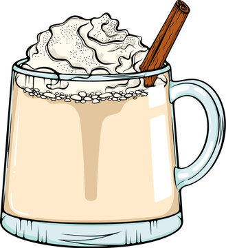 Festive Christmas cup of eggnog or latte topped with whipped cream and cinnamon stick. For menus, seasonal design. Simple vector color illustration with outline in hand drawn style isolated on white