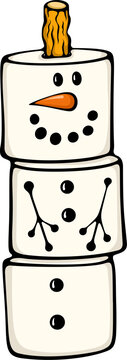 Cute marshmallow snowman as a decorative winter dessert. Christmas or New Year treat, holiday dessert decoration. Simple vector color illustration with outline in hand drawn style isolated on white