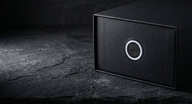 Luxury matte black e commerce box with glowing biometric fingerprint scanner on slate table