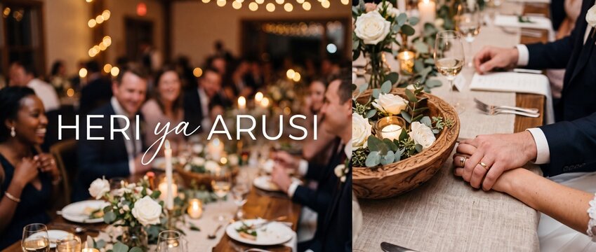 Wedding reception dinner table hands holding with rings and white floral centerpiece during romantic celebration party with Heri ya Arusi Swahili congratulations text for newlywed marriage couple even