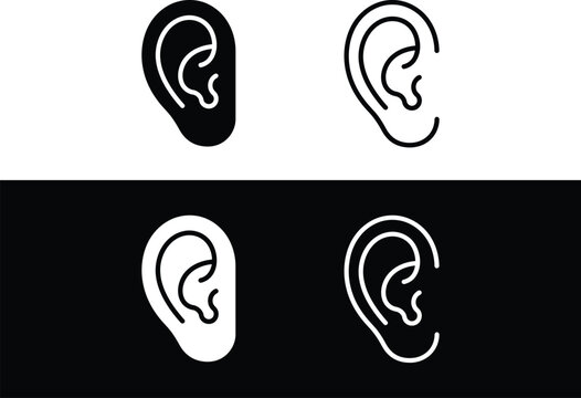 Human ear sensory organ icon set, otology hearing anatomy symbol, ENT audiology listening clinic badge, ear canal acoustic sound health checkup and UI medical vector icons   