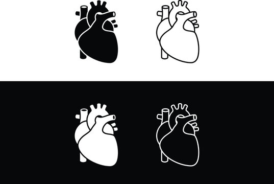 Human heart internal organ icon set, cardiology circulatory system anatomy symbol, cardiac pulse healthcare clinic badge, aorta ventricle blood circulation and UI medical vector icons