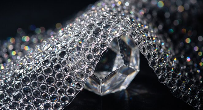 Macro shot of transparent self healing liquid polymer bubble packaging protecting fragile glass