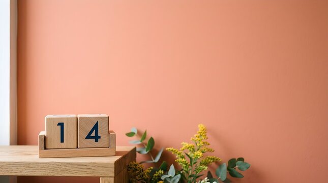 A simple interior design showcases a soft peach colored wall with a calendar displaying the first and fourth days and vibrant flowers