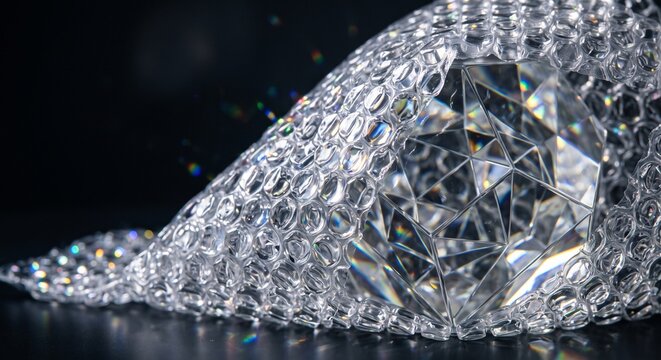 Macro shot of transparent self healing liquid polymer bubble packaging protecting fragile glass