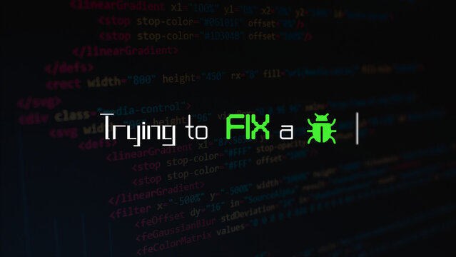 Software bug fixing concept with green beetle icon, computer programming code background, web development and debugging process