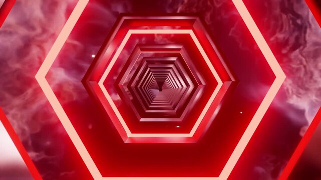 Hexagon neon hell red tunnel VJ loop with space nebula background