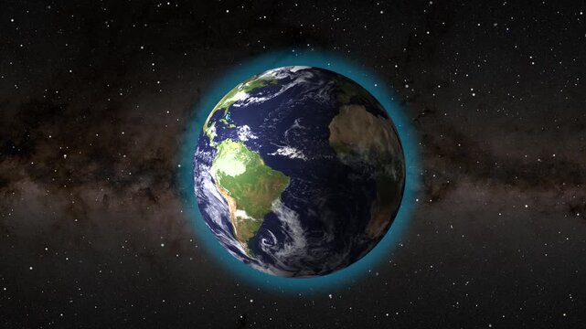 Earth magnetic field visualization with glowing aurora and starry background in cosmic space.